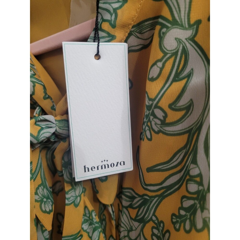 Hermoza Lee Collar Neck Dress M Saffron Floral Tie Neck Long Sleeve NWT $248 - Picture 6 of 11